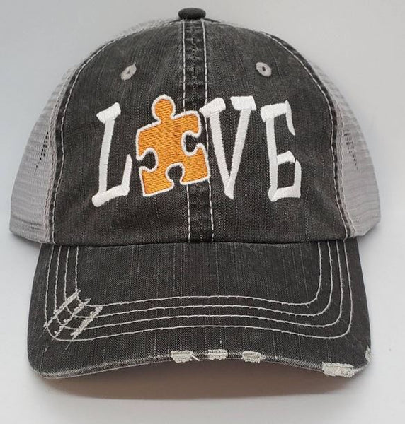 Autism Love Puzzle Piece Distressed Mesh Hat